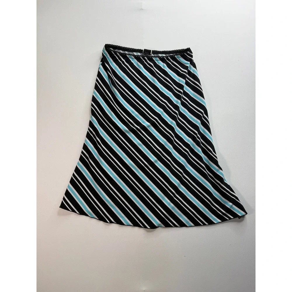 Wrapper‎ Striped A-Line Skirt Women's Medium Black Blue White Jersey Stretch